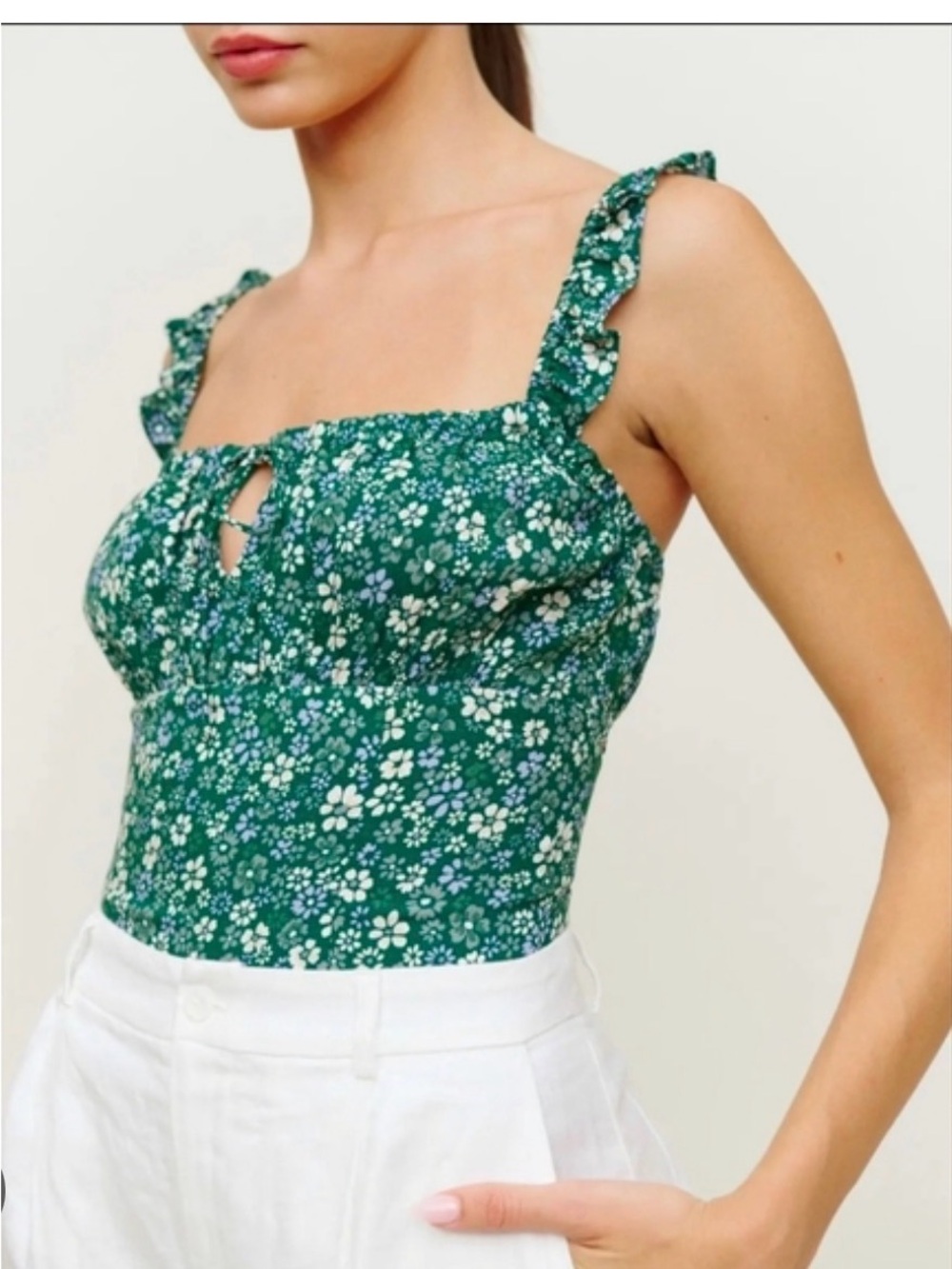 Reformation Green Floral Ruffle-Strap Crop Camisole
